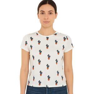 Jeuvre Women’s White Cactus Print Short Sleeve Tee Shirt - Size Medium